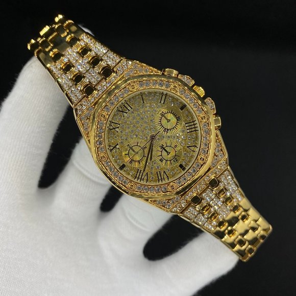 Men's Luxury Brand Gold Color Iced Out Watch - Picture 4 of 5